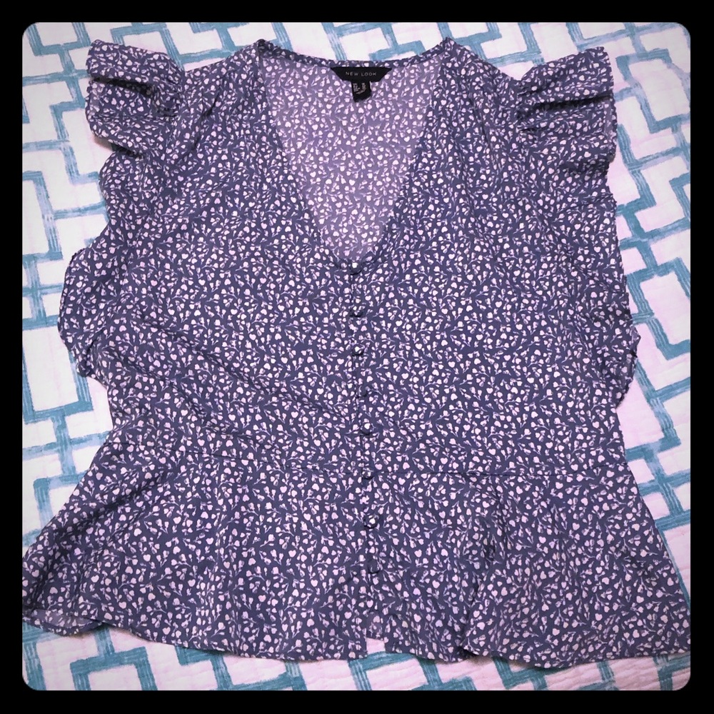 Light Blue Floral Ruffle Top Sz US 10 L